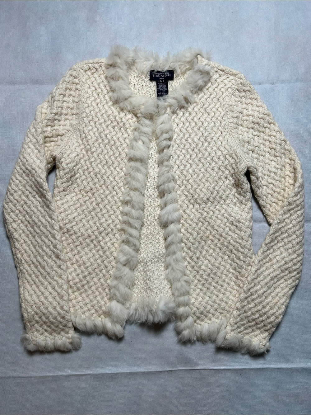 Vintage jones New York cream cardigan wool and rabbit fur trim size small petite